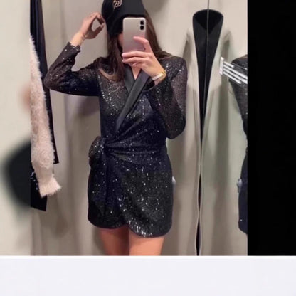 Damen Wickelkleid Glänzend Schalkragen Taillengürtel Eveloria