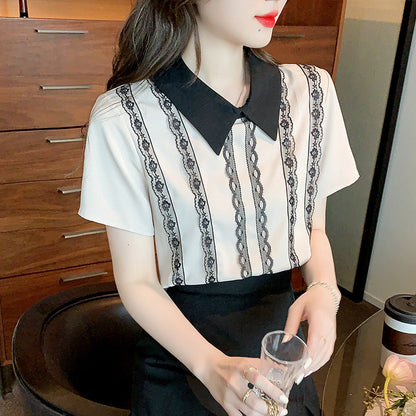 Damen Bluse Spitzen Streifenakzente Elegante Weiß