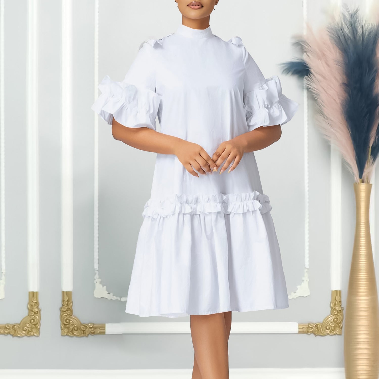 Damen Midikleid Voluminöse Rüschenärmel Stehkragen Elegant - Eveloria