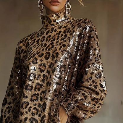 Damen Kurzkleid Leopardenmuster Glitzernd Fransen
