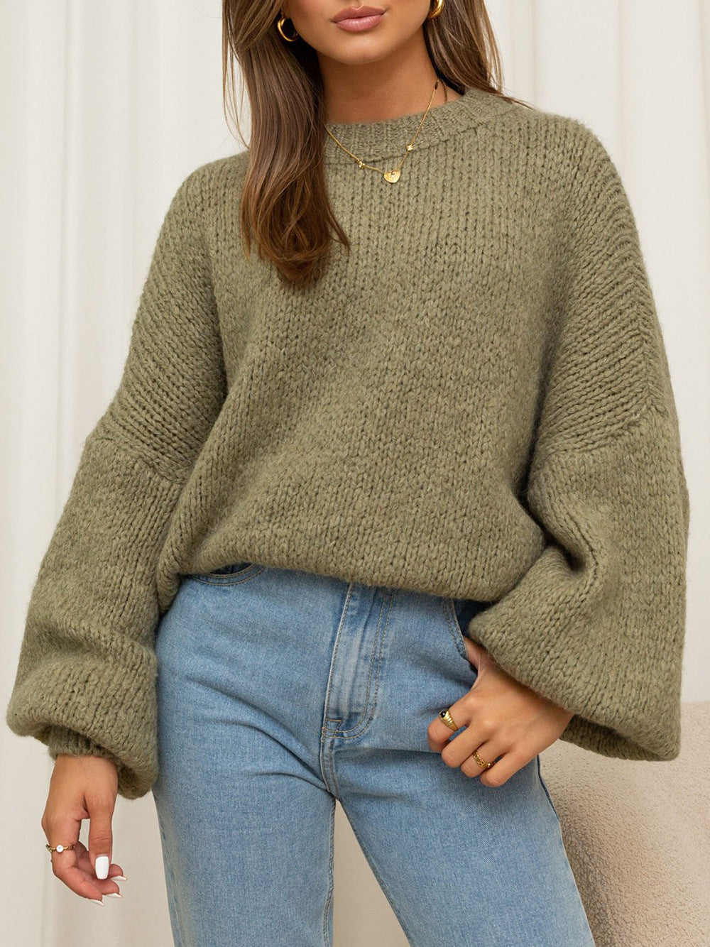 Damen Oversized-Pullover Grobgestrickt Voluminöse Ärmeln Beige