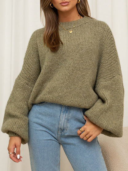 Damen Oversized-Pullover Grobgestrickt Voluminöse Ärmeln Beige