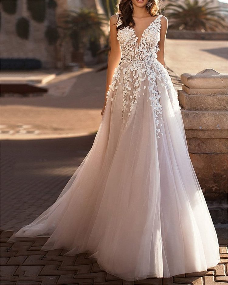 Damen Hochzeitskleid mit floralem Dekor und V-Ausschnitt