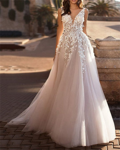 Damen Hochzeitskleid mit floralem Dekor und V-Ausschnitt