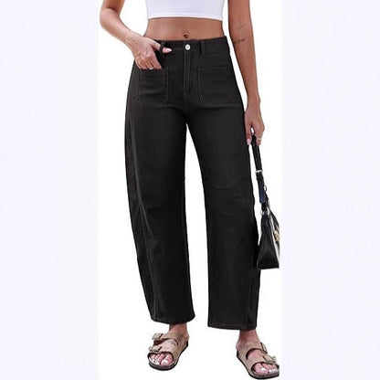 Damen Weite Jeans Hochtaillig Mit Taschen Blau Eveloria