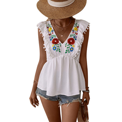 Damen Bluse mit Blumenstickerei und Rüschen Details
