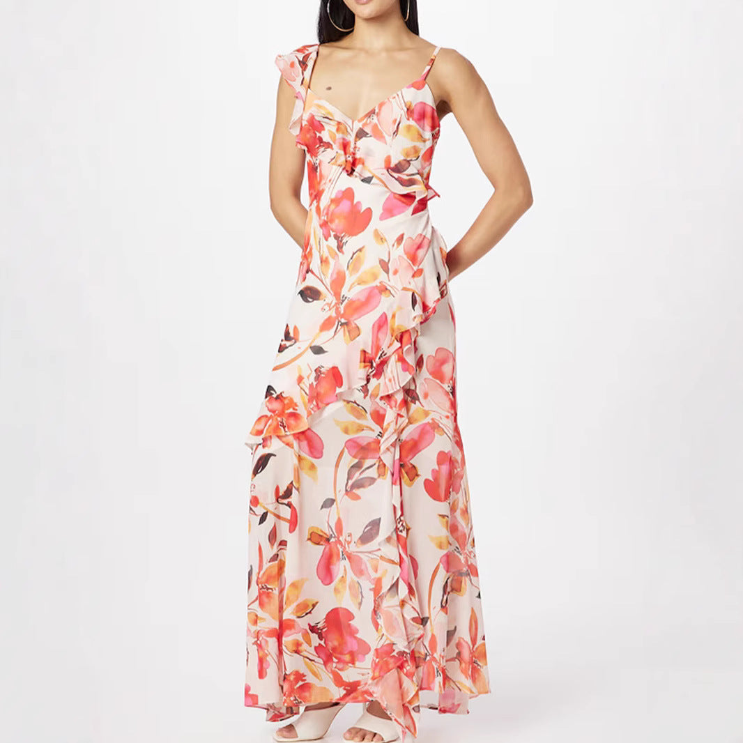 Damen Maxikleid Floral Rüschen Schulterfrei Eveloria