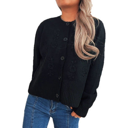 Damen Strickcardigan locker mit Blumenapplikationen und Knöpfen
