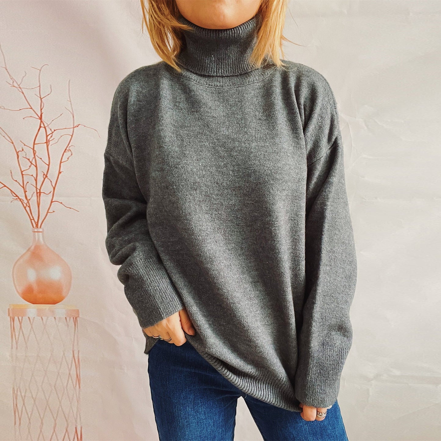 Damen Grobstrickpullover Hoher Kragen Locker Damen Pullover
