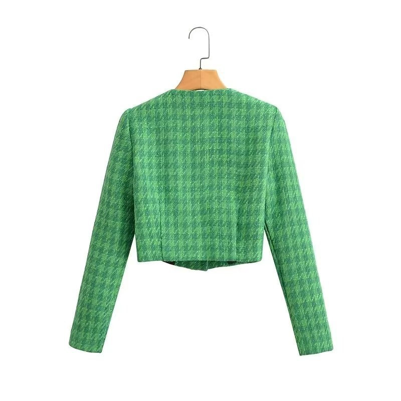 Damen Bouclé-Jacke Kurz Karomuster Elegant