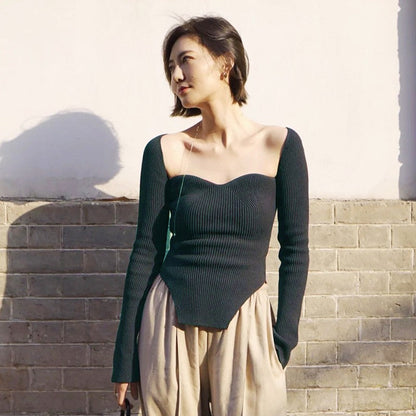 Damen Pullover Herzförmiger Ausschnitt Fein Gestrickt Eveloria