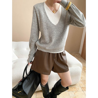 Damen Pullover V-Ausschnitt Weiches Material Rippstruktur Beige