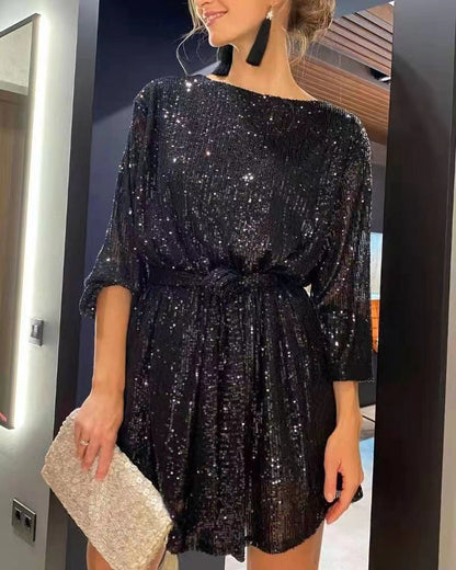 Damen Paillettenkleid Weit Elegant Tailliert Eveloria
