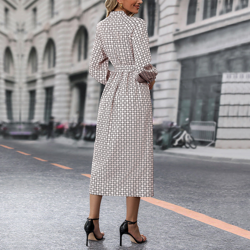 Damen Langarm-Hemd-Kleid mit Bindegürtel und Muster