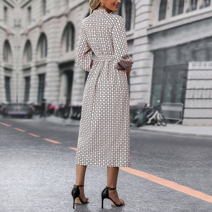 Damen Langarm-Hemd-Kleid mit Bindegürtel und Muster