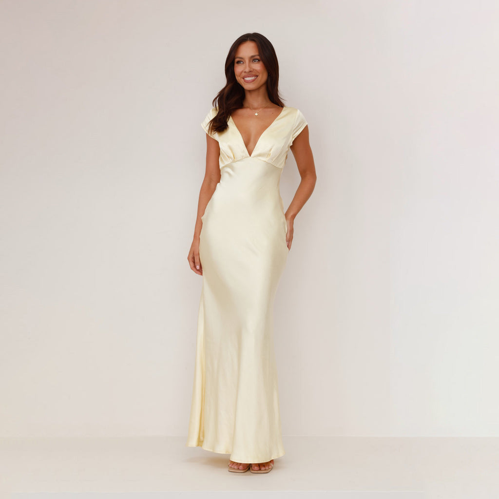 Damen Maxikleid V-Ausschnitt Satin Elegant