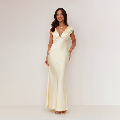 Damen Maxikleid V-Ausschnitt Satin Elegant