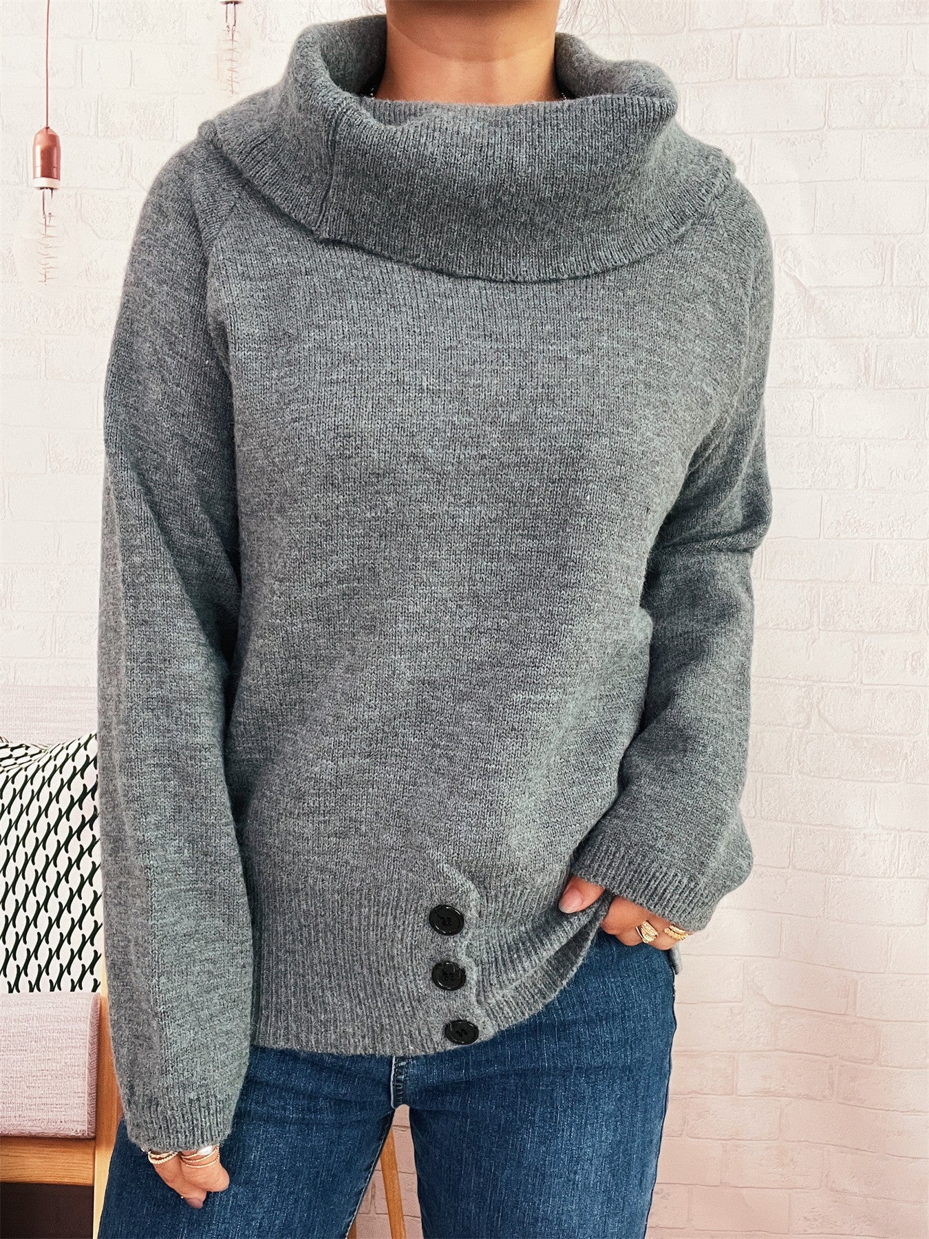 Damen Strickpullover Hochkragen Mit Knöpfen Eveloria