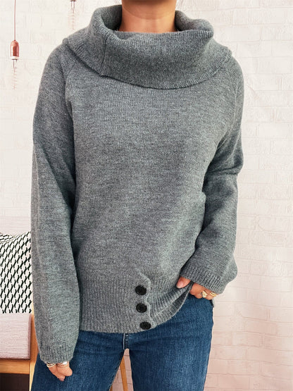 Damen Strickpullover Hochkragen Mit Knöpfen Eveloria