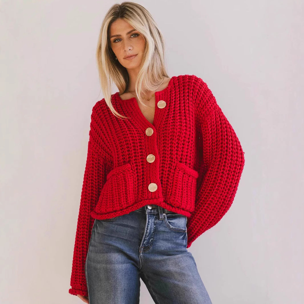 Damen Strickjacke Kuschelig Mit Taschen Goldfarben - Eveloria