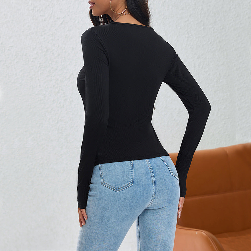 Damen Langarmshirt mit Knöpfen Asymmetrischer Saum Elegantes Design