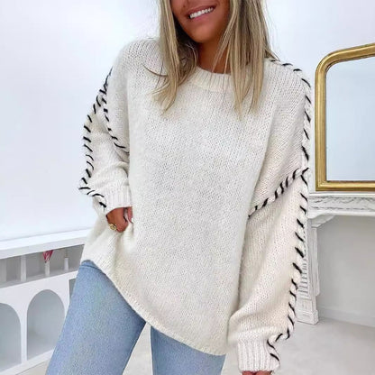 Damen Strickpullover Dekorative Ziernähte Eveloria