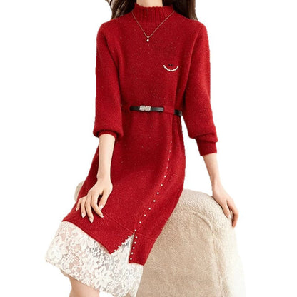 Damen Strickkleid Elegantes Spitzendesign Taillierbar