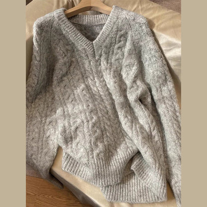 Damen Grobstrickpullover V-Ausschnitt Zopfmuster Eveloria
