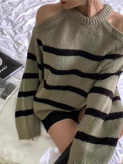 Damen Oversized Pullover Offene Schulter Streifenmuster Eveloria