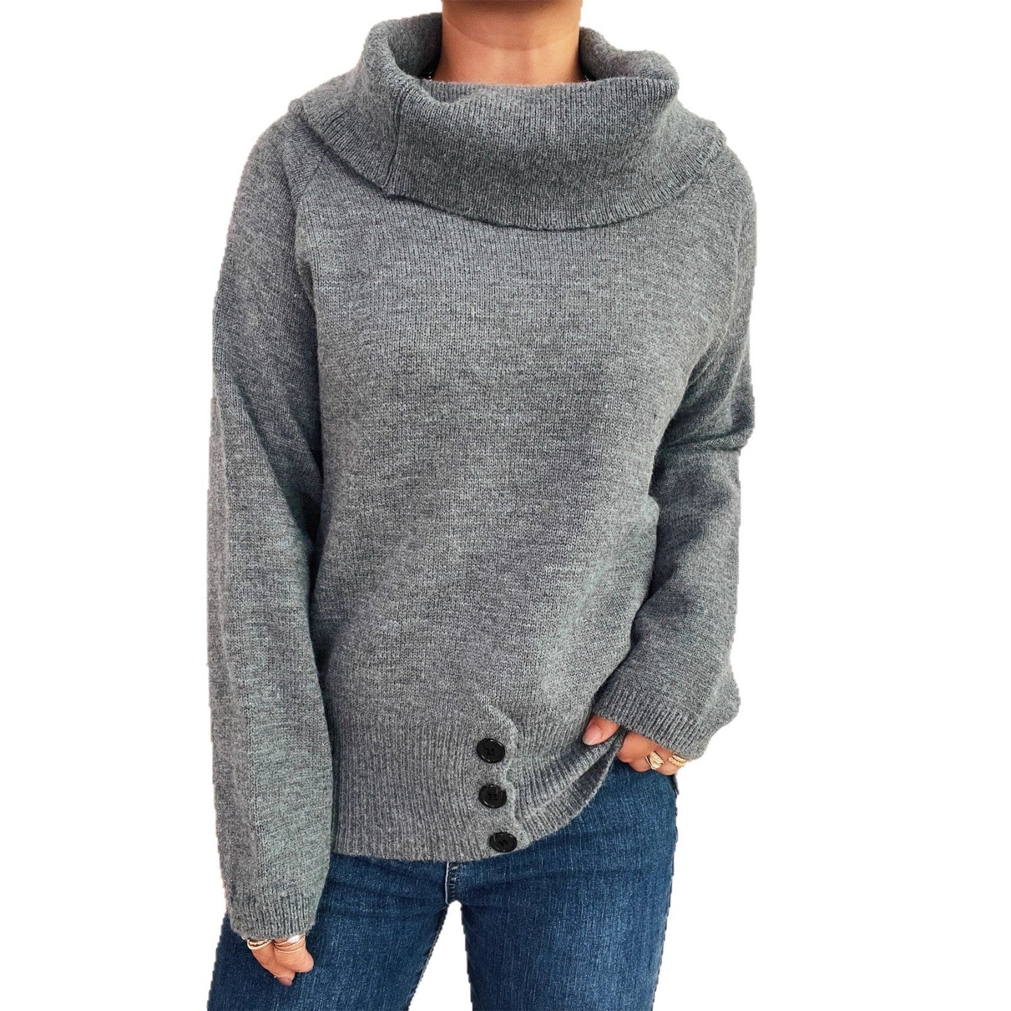 Damen Strickpullover Hochkragen Mit Knöpfen Eveloria