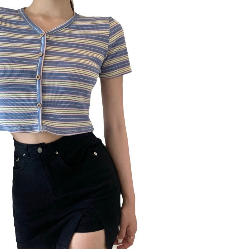 Damen Crop- Streifenmuster Weiße Knöpfe