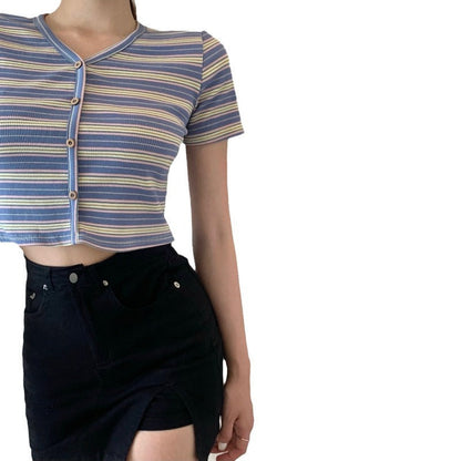 Damen Crop- Streifenmuster Weiße Knöpfe