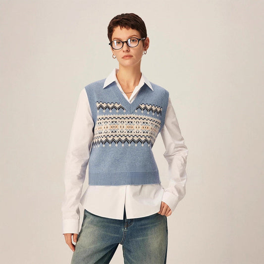Damen Strickpullover V-Ausschnitt Geometrisches Muster Eveloria - Eveloria