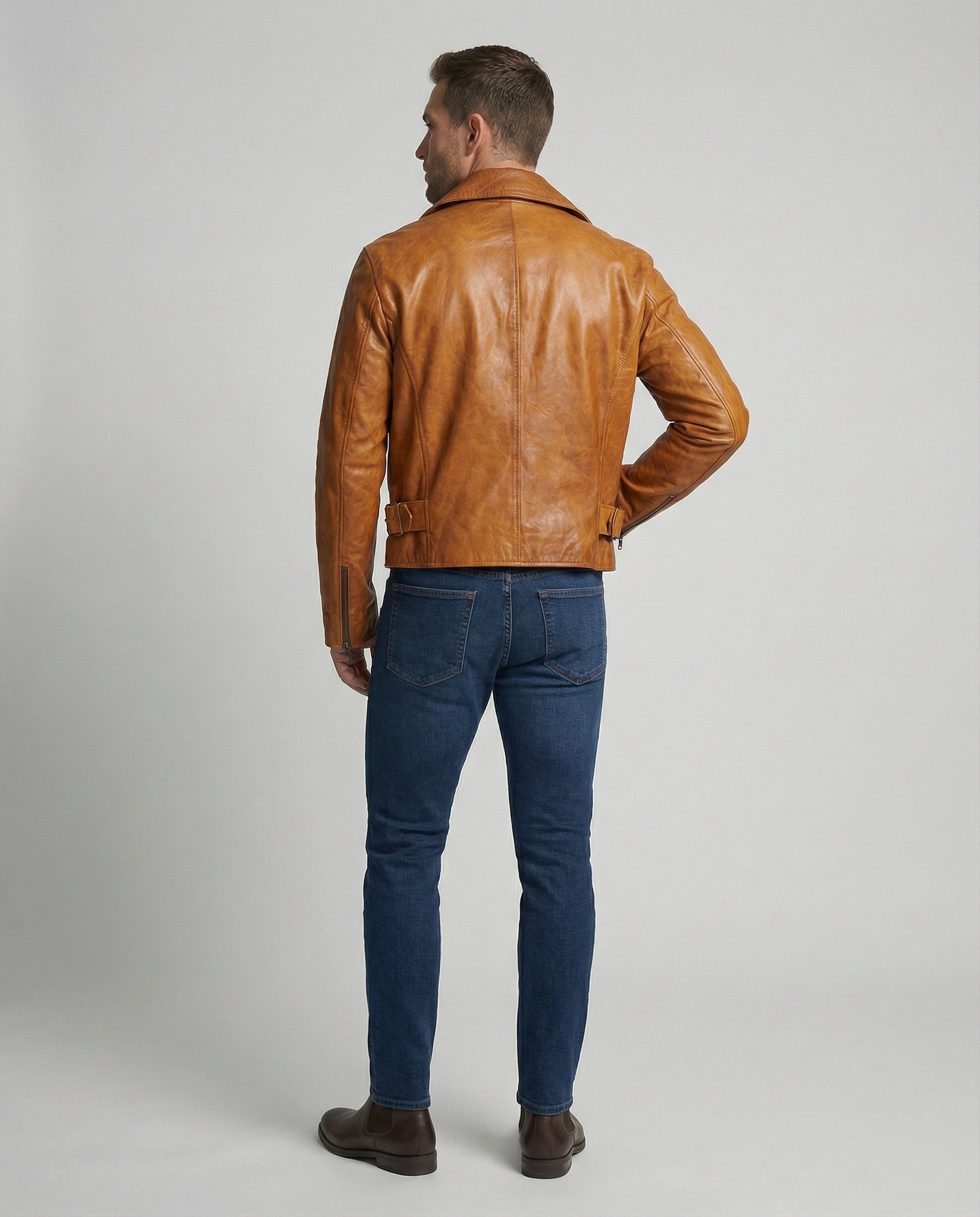 Herren Lederjacke Biker Kurz Revers Schwarz - Eveloria