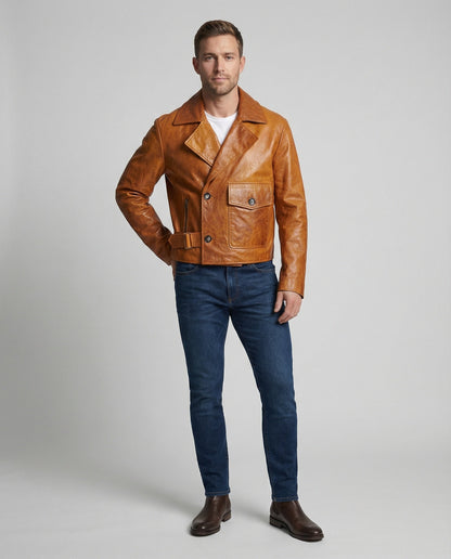 Herren Lederjacke Biker Kurz Revers