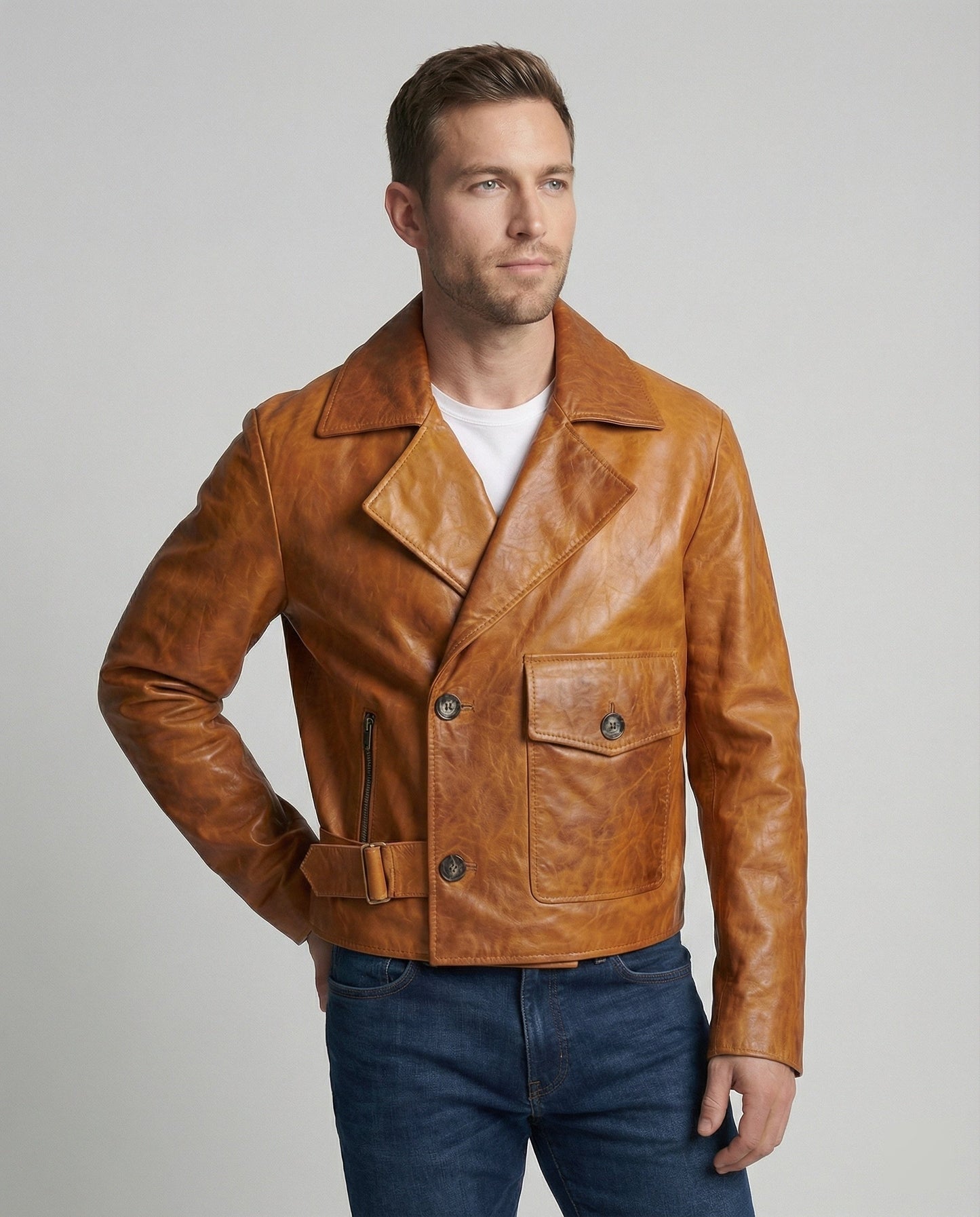Herren Lederjacke Biker Kurz Revers