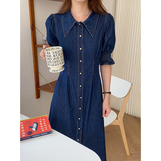 Damen Midikleid Denim Voluminöse Ärmel Schwarz - Eveloria