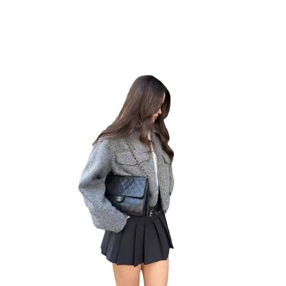 Damen Cropped Winterjacke Klassischer Kragen Brusttaschen