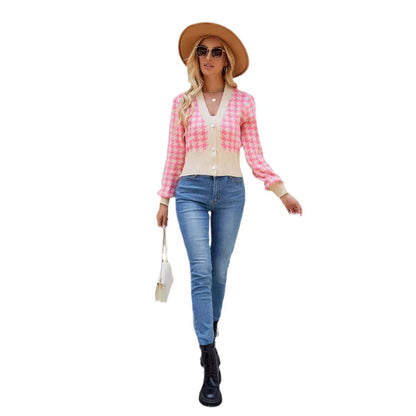 Damen Strickjacke Hahnentrittmuster Knopfverschluss Eveloria