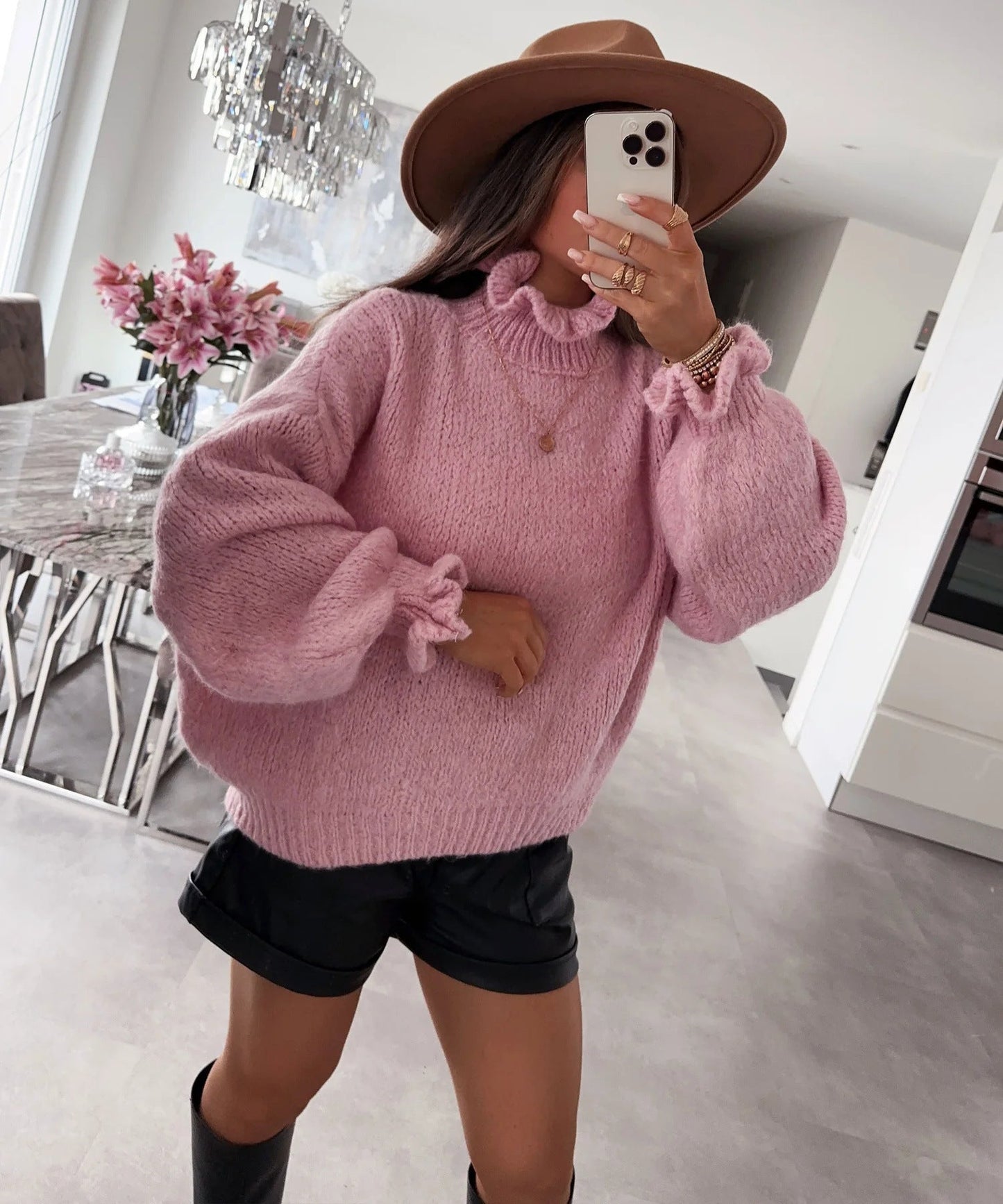 Damen Rollkragenpullover Kuschelig Voluminöse Ärmel Eveloria