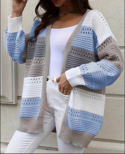Damen Strickcardigan Groß Lochmuster Farbblockdesign Eveloria