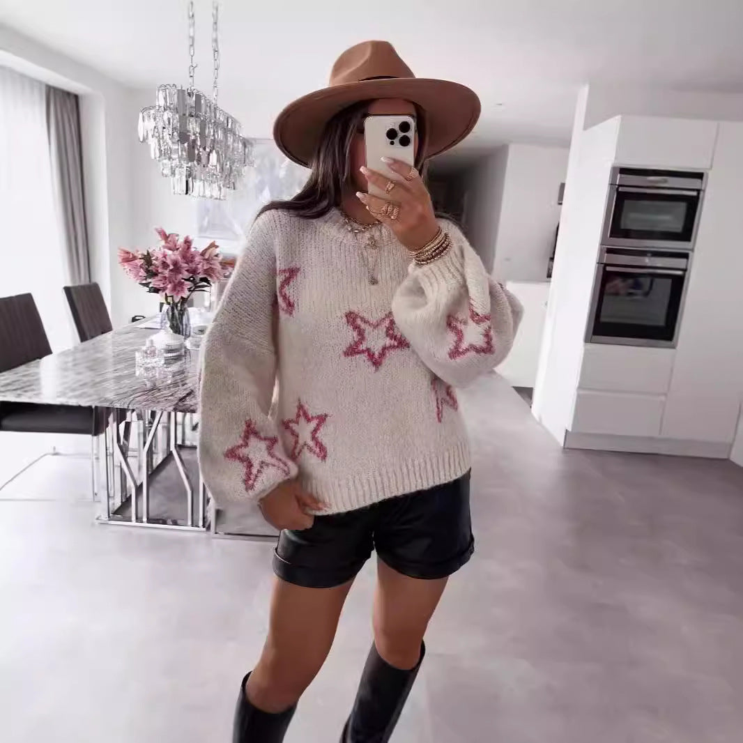Damen Strickpullover Sternenmotiv Kuschelig Grau Eveloria