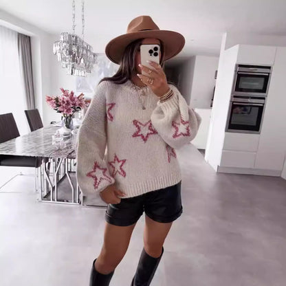 Damen Strickpullover Sternenmotiv Kuschelig Grau Eveloria