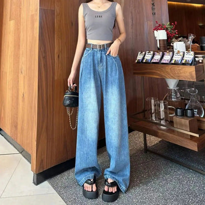 Damen Weite Jeanshose Hochbund Eveloria
