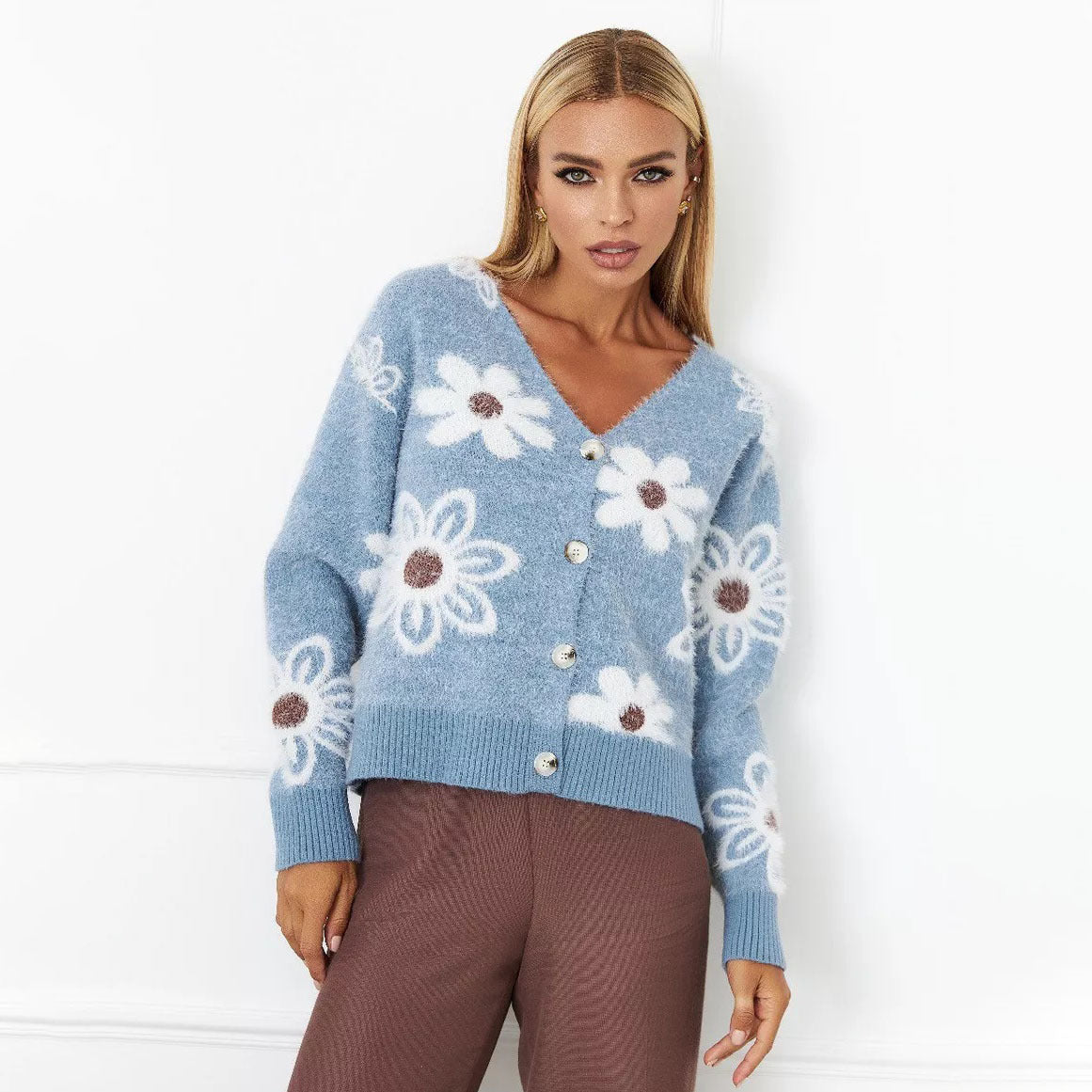 Damen Cardigan Floralmuster Kuschelig Knöpfe Beige - Eveloria