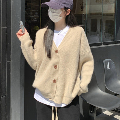 Damen Oversized Strickjacke Große Knöpfe Lässiger Schnitt Beige