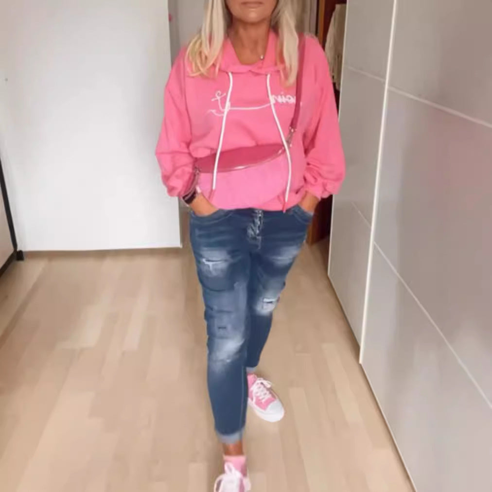 Damen Kapuzenpullover mit Schriftaufdruck und Taschen