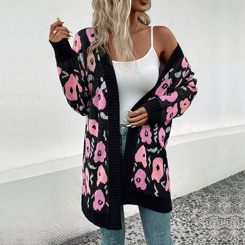 Damen Strickjacke Florales Muster Offener Schnitt - Eveloria