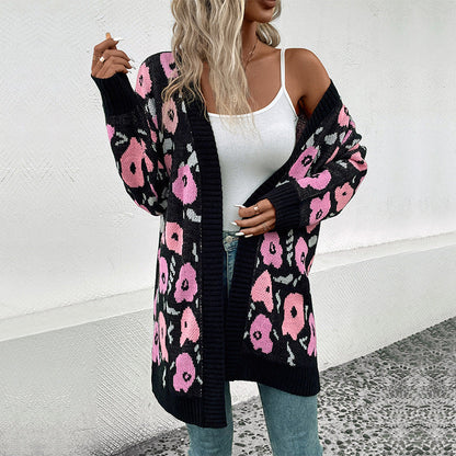 Damen Strickjacke Florales Muster Offener Schnitt - Eveloria