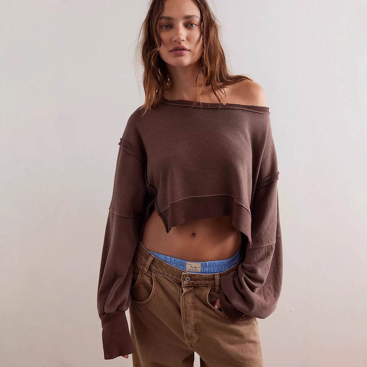 Damen Cropped Sweatpullover Weite Ärmel Grau Eveloria - Eveloria
